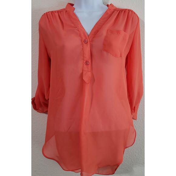 By & By Orange Deep V-Neck 2 Button Closure Sheer Top Small Long Roll Tab Sleeve - Picture 1 of 6
